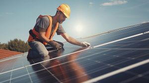 Ein Handwerker bringt auf einem Dach eine Solaranlage an